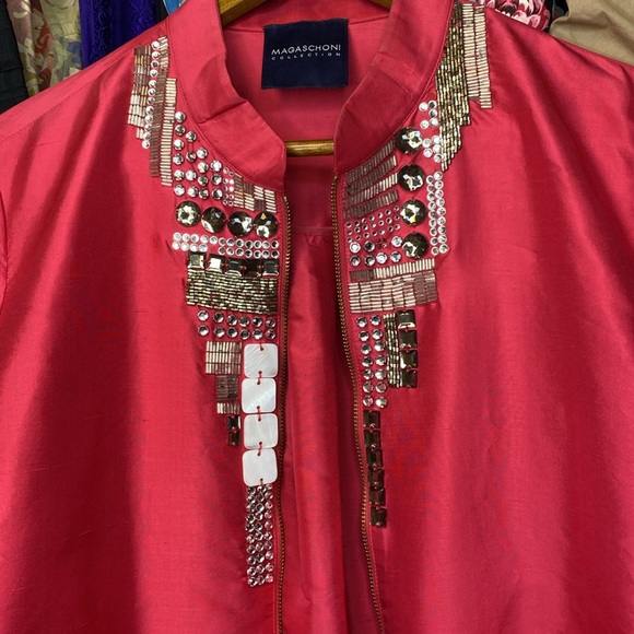 Magaschoni 100% Silksoie Red Bomber Jaket maybe A Large no SZ tag - Picture 6 of 14